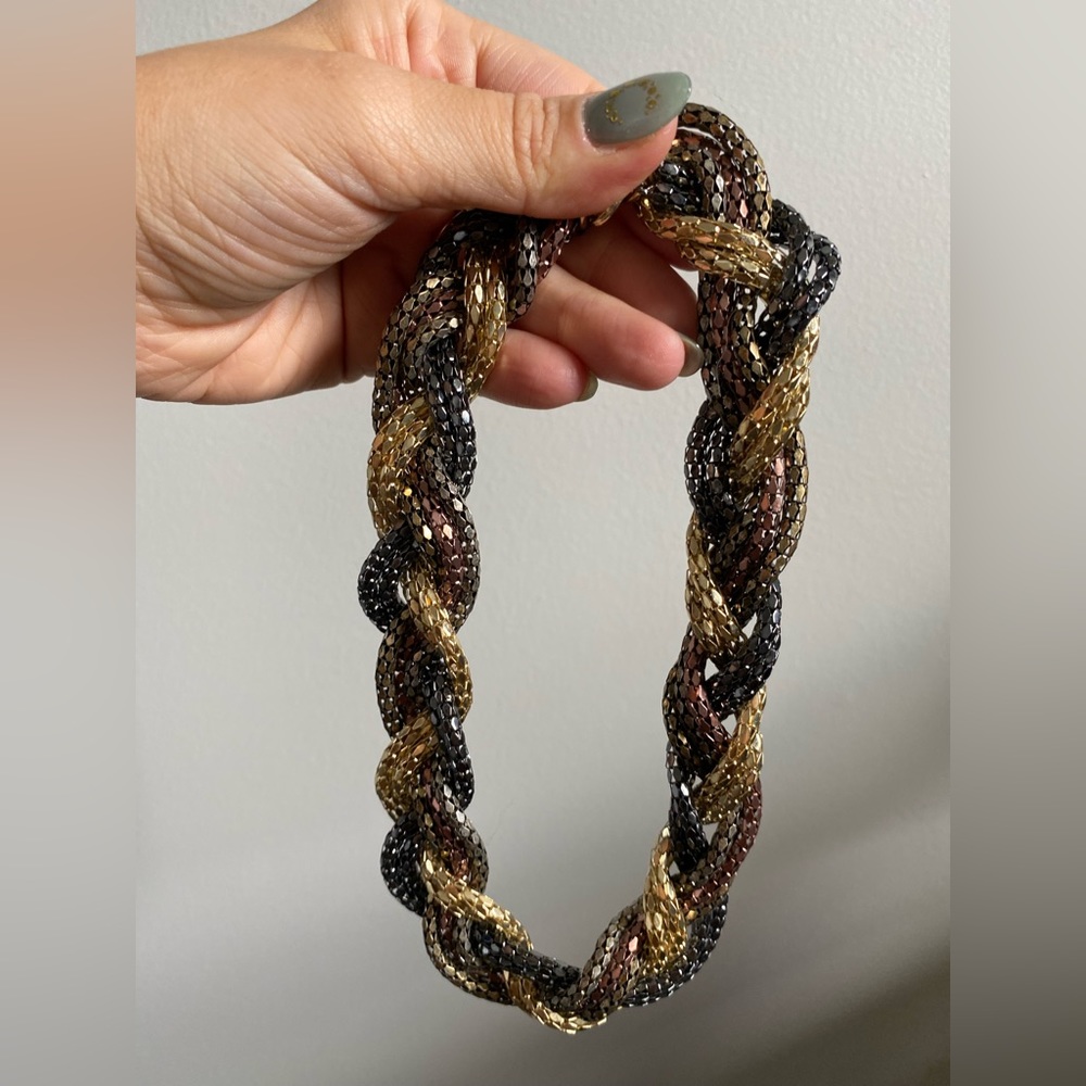 Large Shiny Goldtone Silvertone Gunmetal Braided Costume Choker Necklace